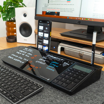 DeskBoard Buddy black with calculator glass desk whiteboard for notes and organization