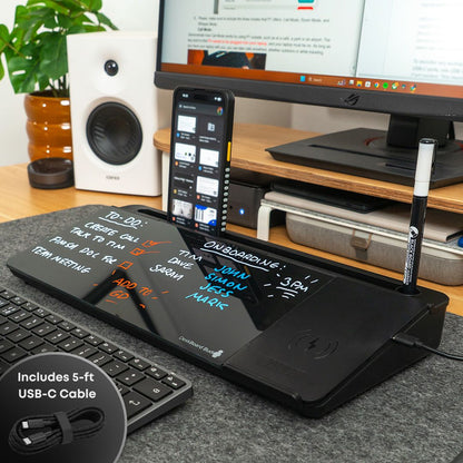 DeskBoard Buddy Black with wireless charger glass desk whiteboard for notes and organization