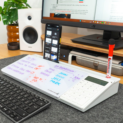DeskBoard Buddy white with calculator glass desk whiteboard for notes and organization
