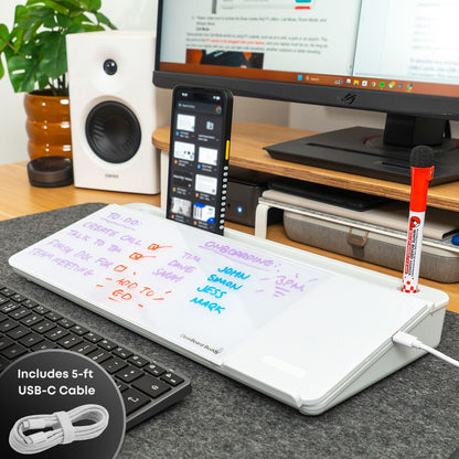 DeskBoard Buddy White with wireless charger glass desk whiteboard for notes and organization